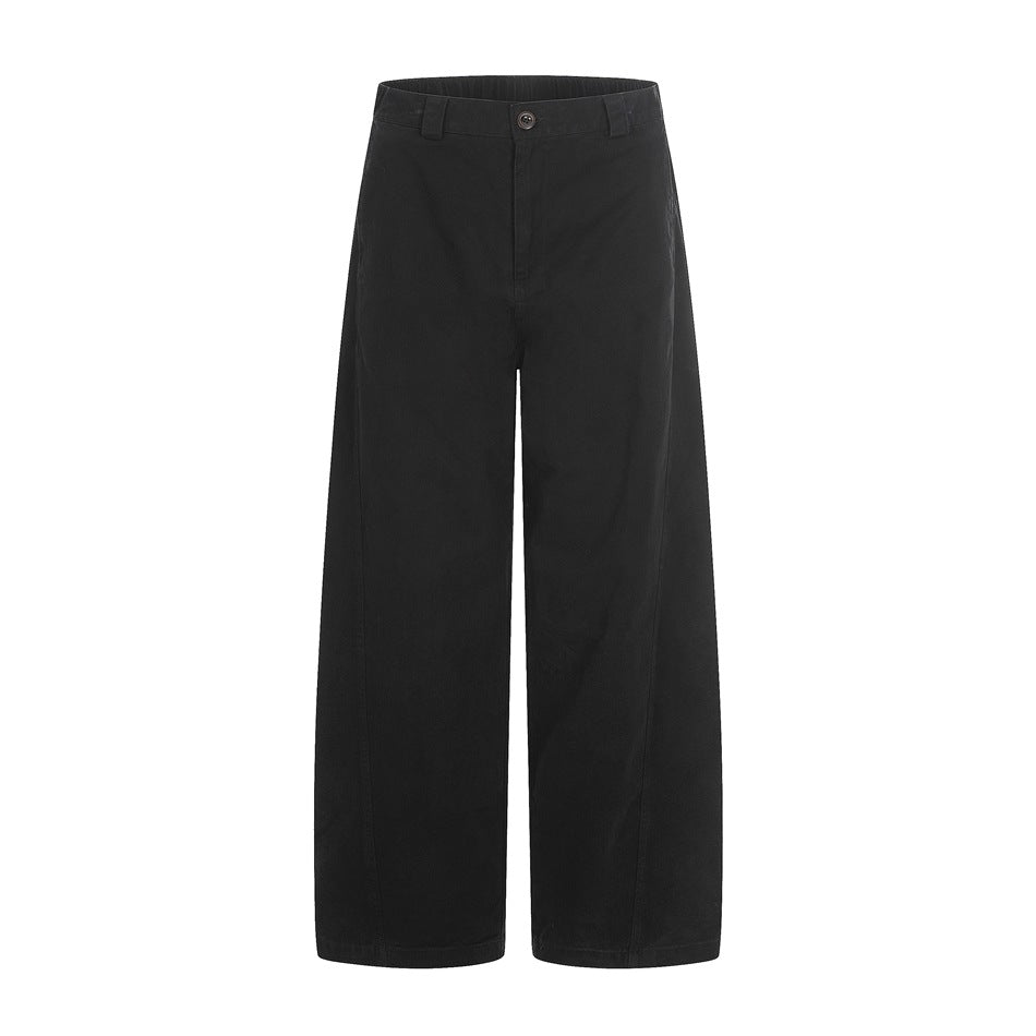 Black wide-leg pants flat lay, front view with button fly, belt loops and curved leg seams