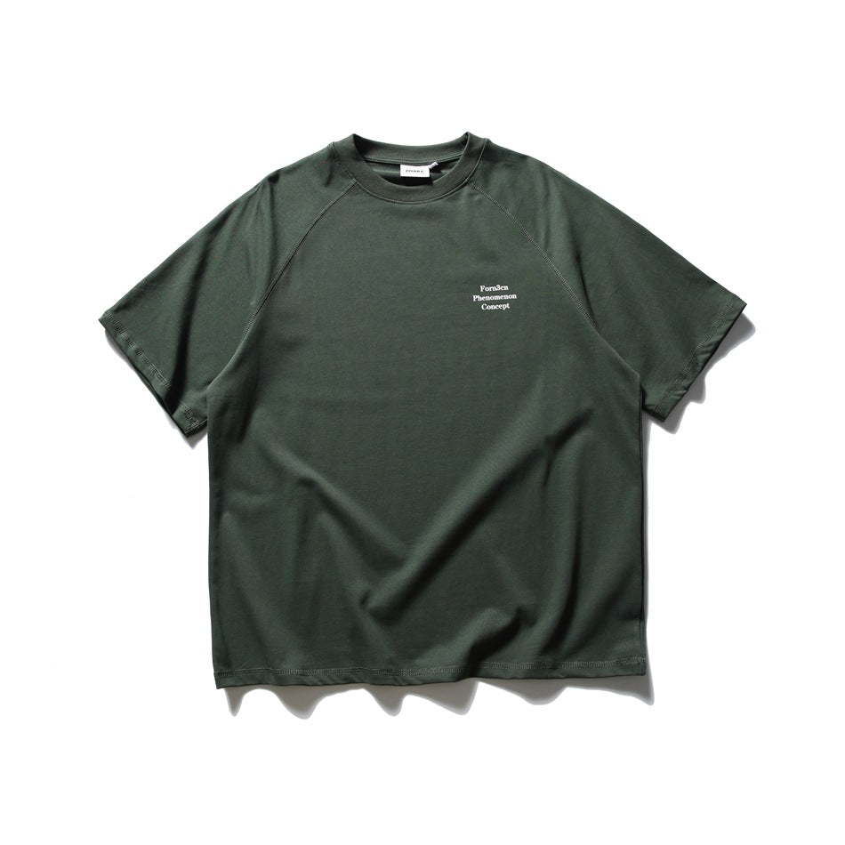 Dark green short-sleeve raglan T-shirt shown flat from the front, with small white English text on the chest.