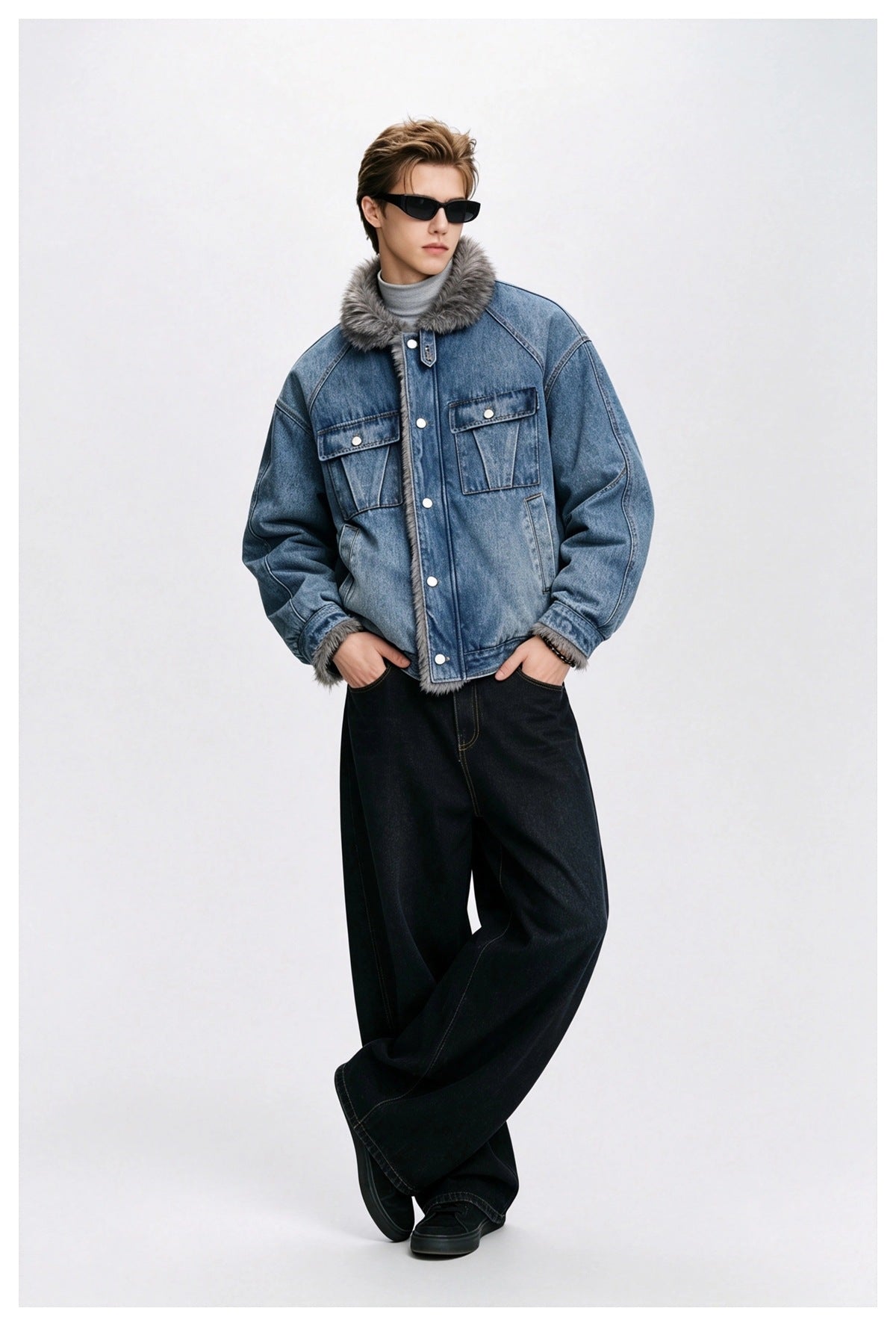 Model wearing a washed blue denim jacket with gray pile collar, gray turtleneck, black wide-leg jeans and sunglasses