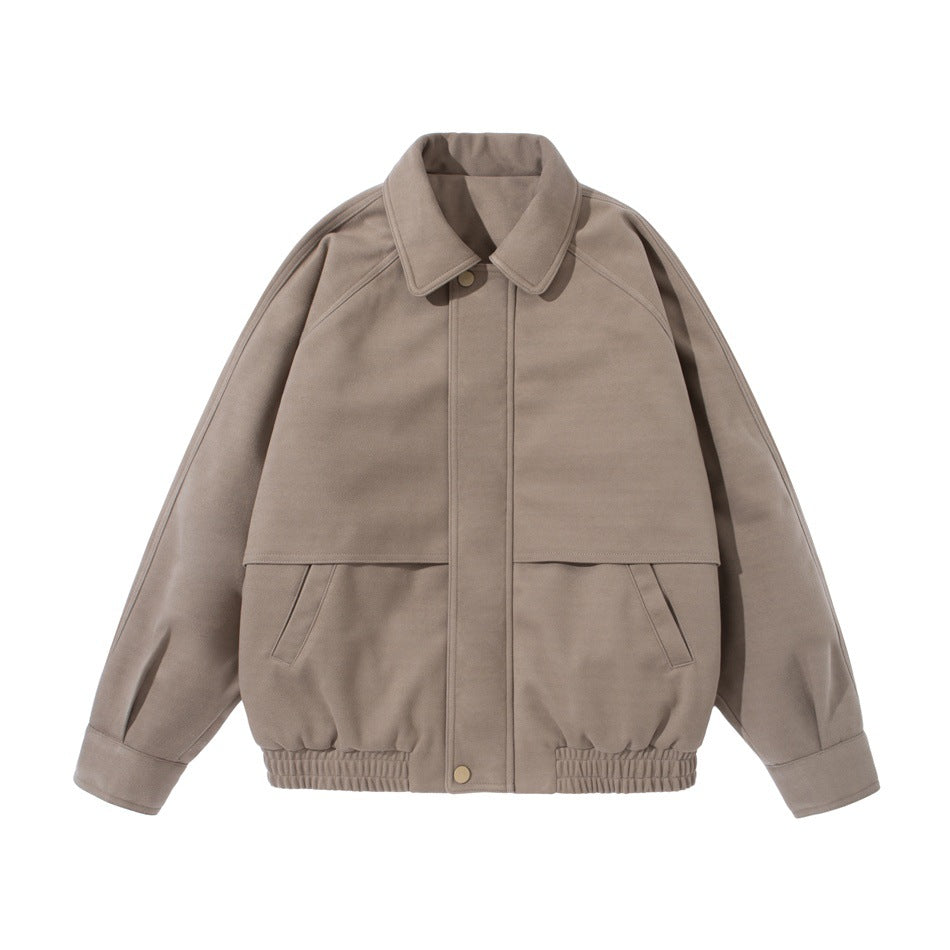 Khaki jacket flat lay front view with pointed collar, chest yoke seam, slanted pockets and elastic hem