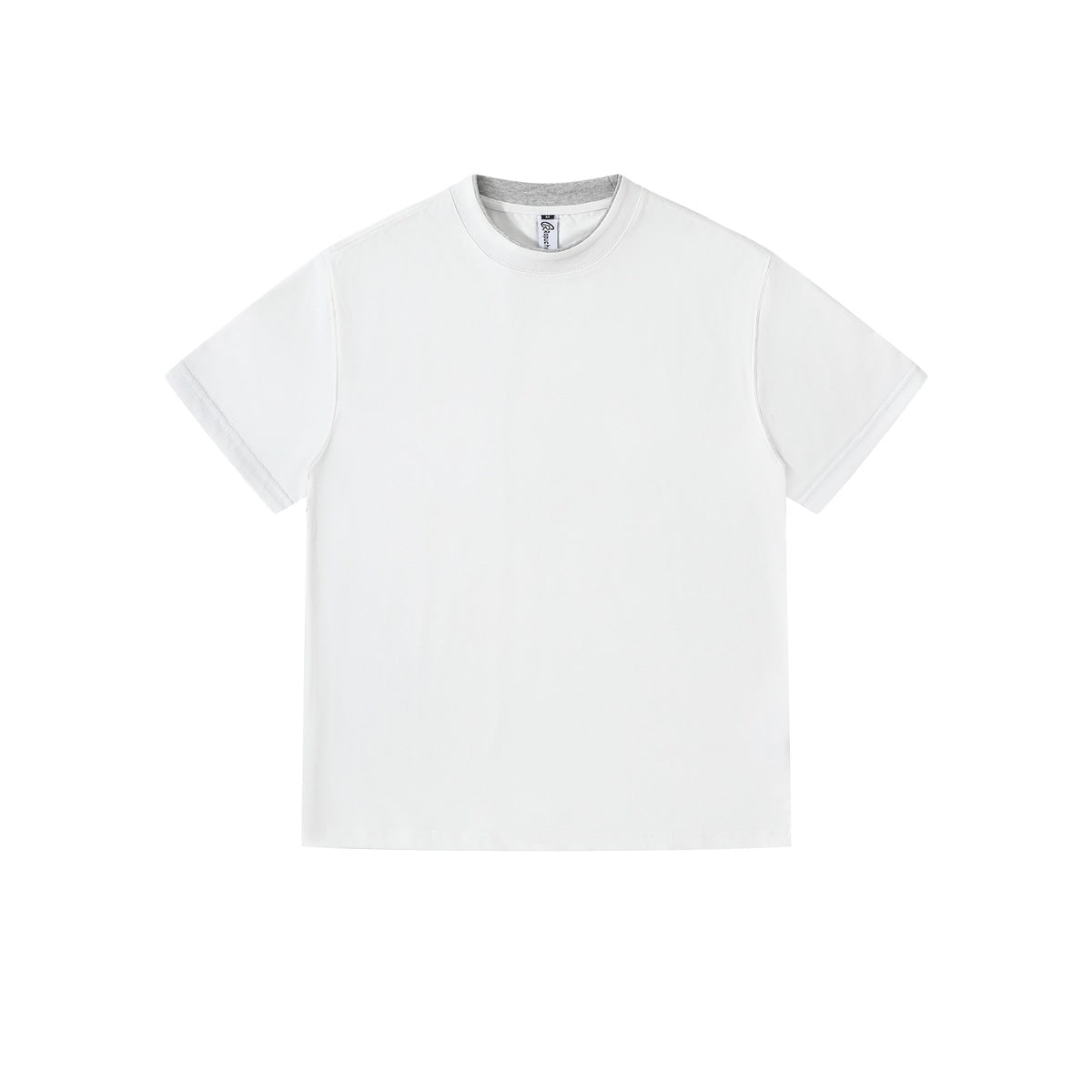 White short-sleeve crew-neck T-shirt with gray layered inner collar, flat front view