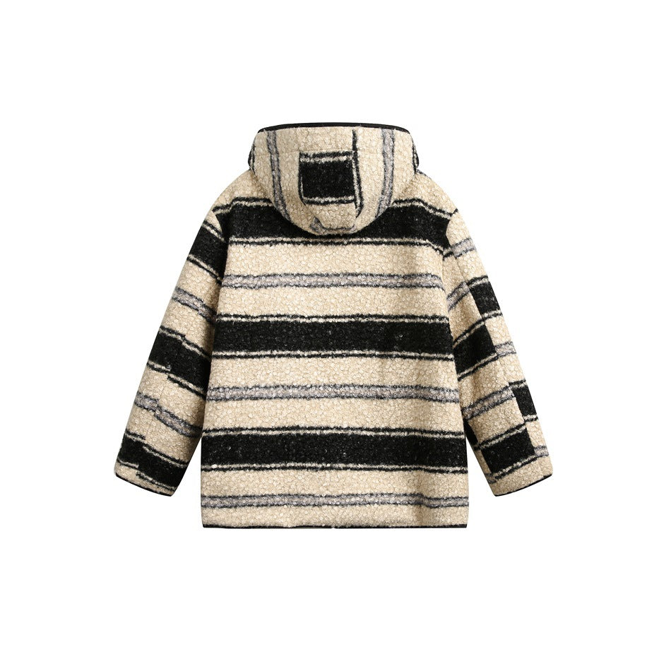 Back view of a cream hooded jacket with broad black and gray horizontal stripes.