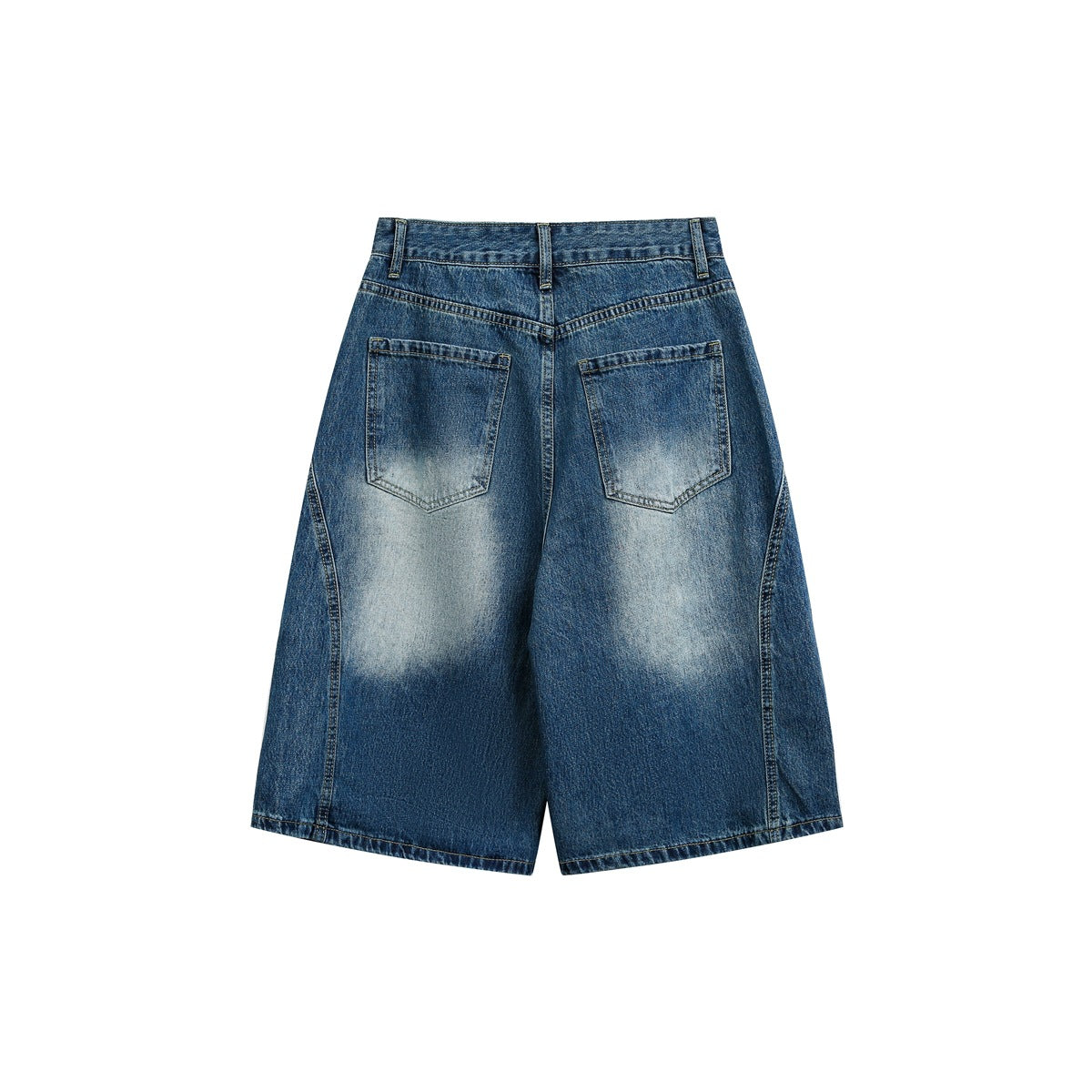 Back view of dark blue denim shorts with two pockets and faded areas.