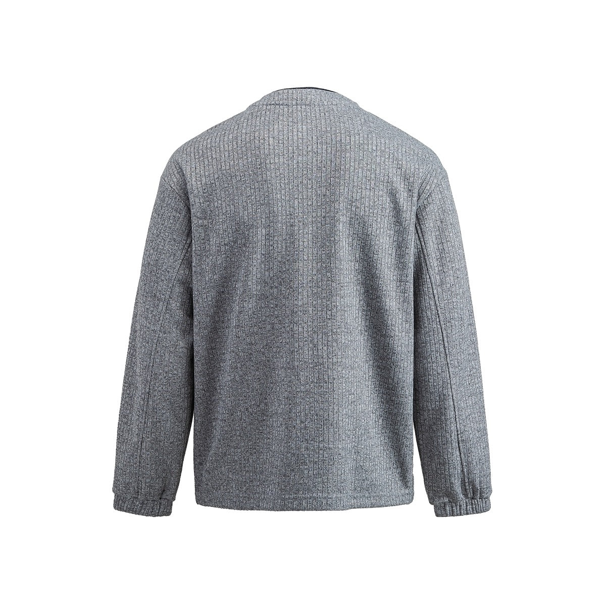 Back view of a gray ribbed long-sleeve shirt with a plain body and gathered cuffs.
