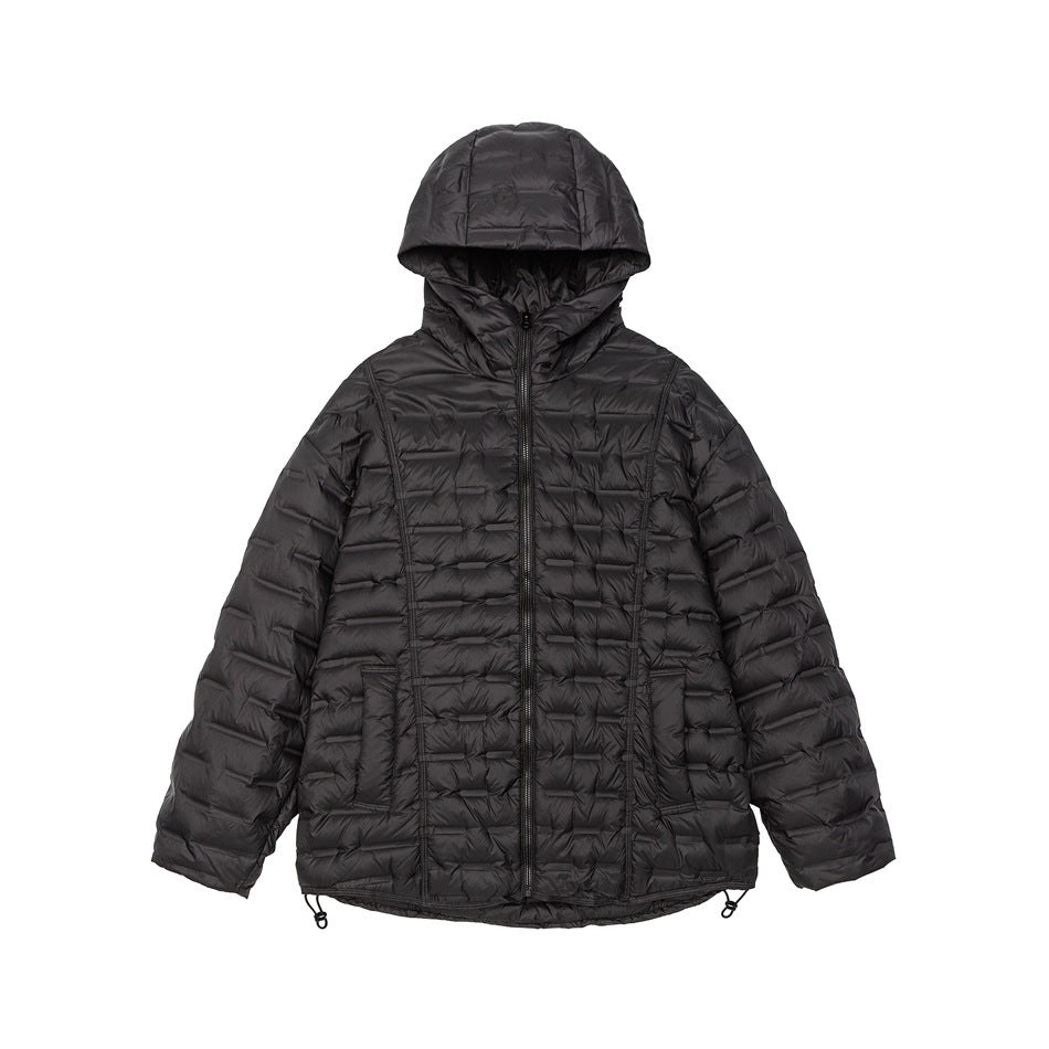 Black hooded quilted puffer jacket with front zipper, pockets and hem drawcords, flat view