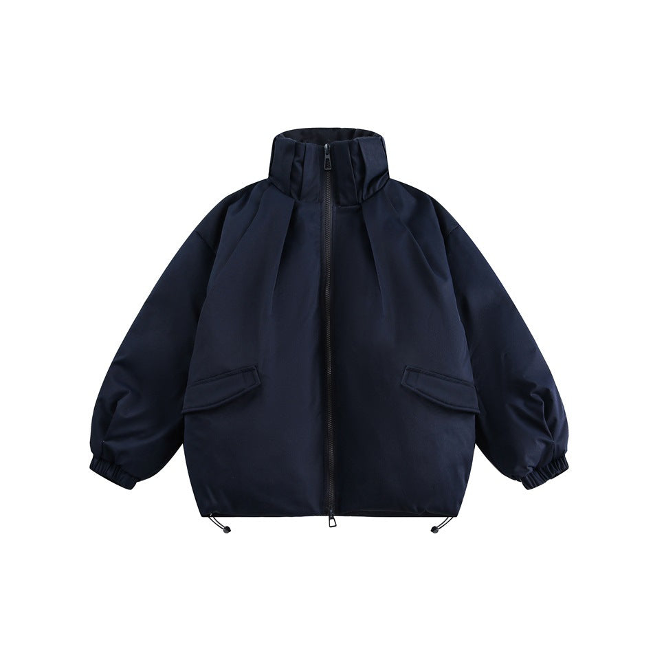 Navy stand-collar zip jacket with flap pockets, elastic cuffs and drawstring hem, flat front view