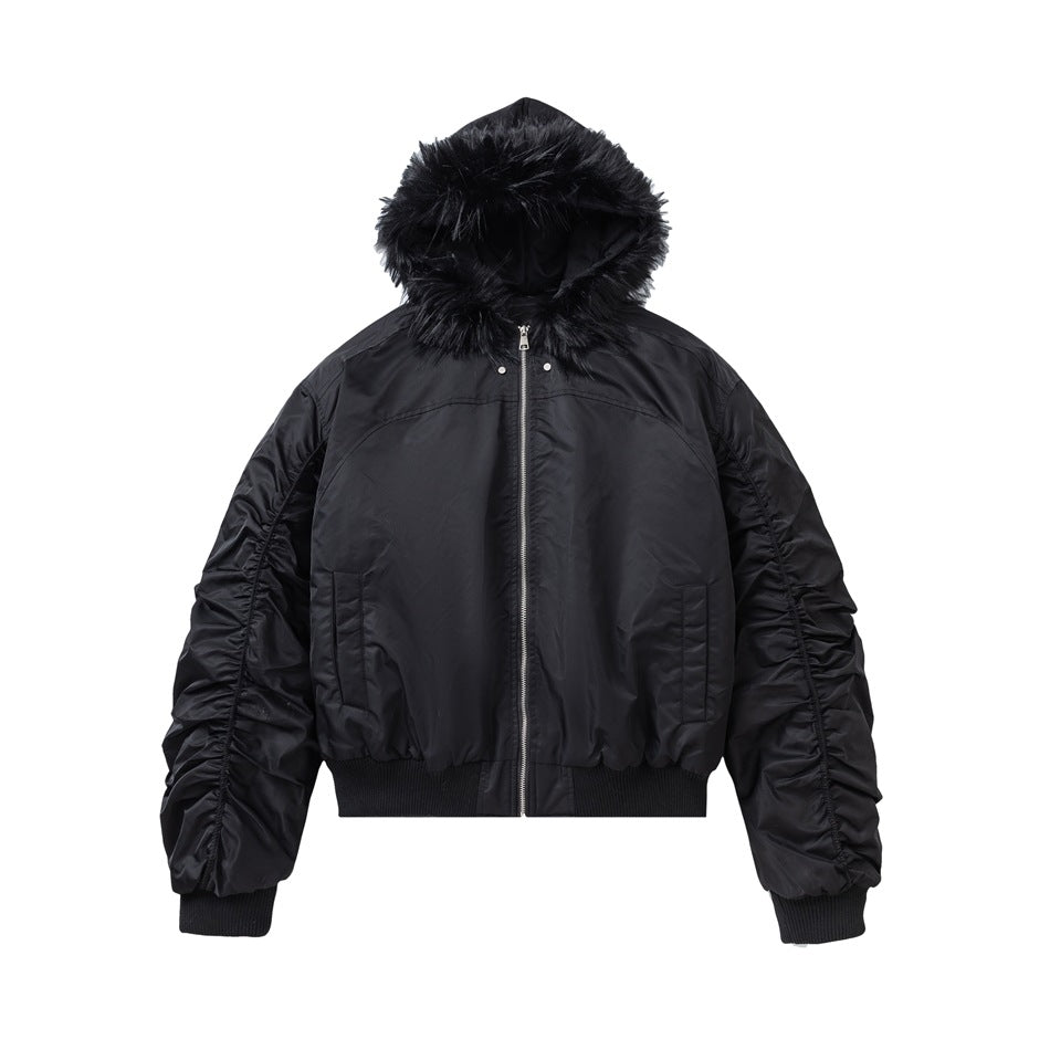 Black hooded bomber jacket with fluffy faux-fur-textured hood trim, front zip and ruched sleeves, flat front view