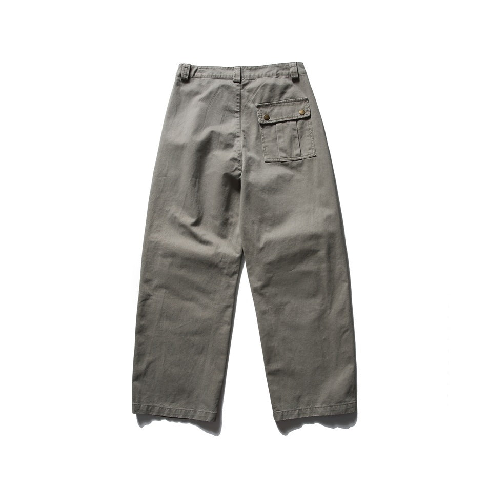 Gray straight-leg work pants shown from the back, with a buttoned flap pocket on the right side.