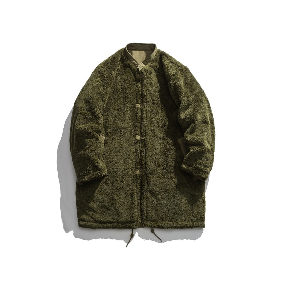 Olive textured coat shown flat from the front, with a stand collar, toggle closures, long sleeves, and drawcord hem.
