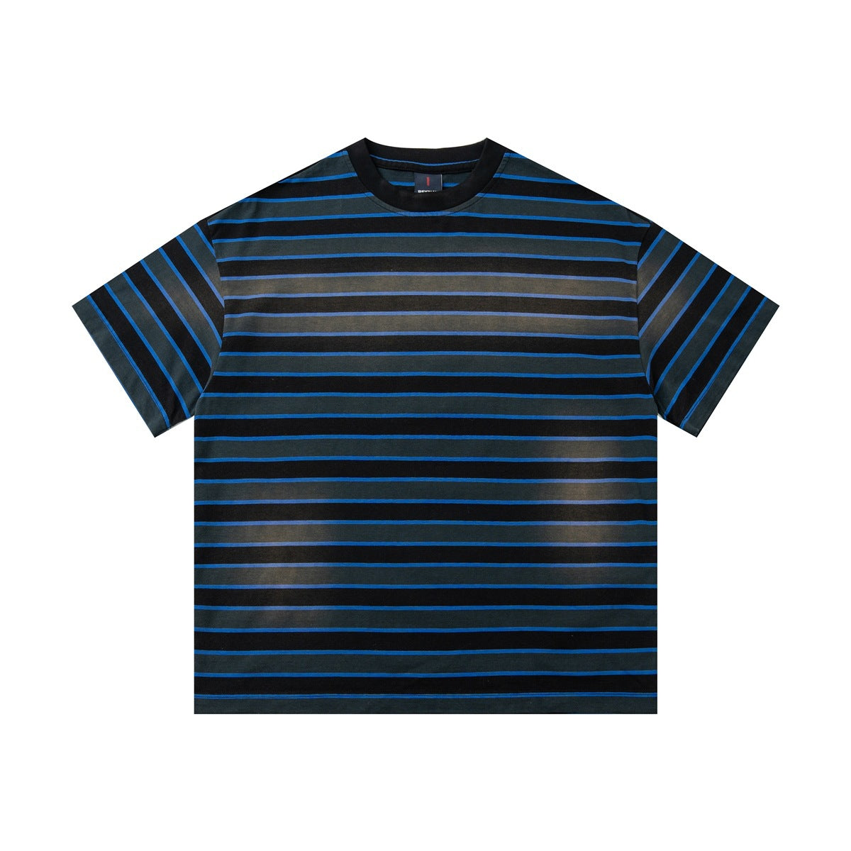 Flat front view of a blue, black and gray-green striped short-sleeve crew neck T-shirt with a faded wash effect