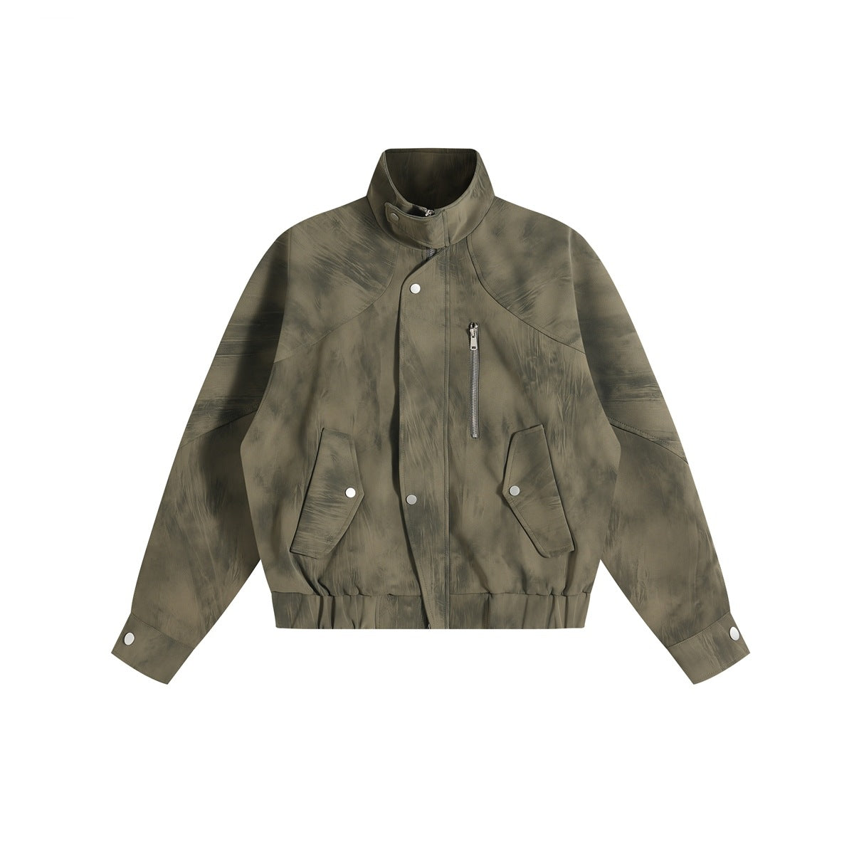 Olive green stand-collar zip jacket with mottled finish, snap-flap pockets and elastic hem, flat front view