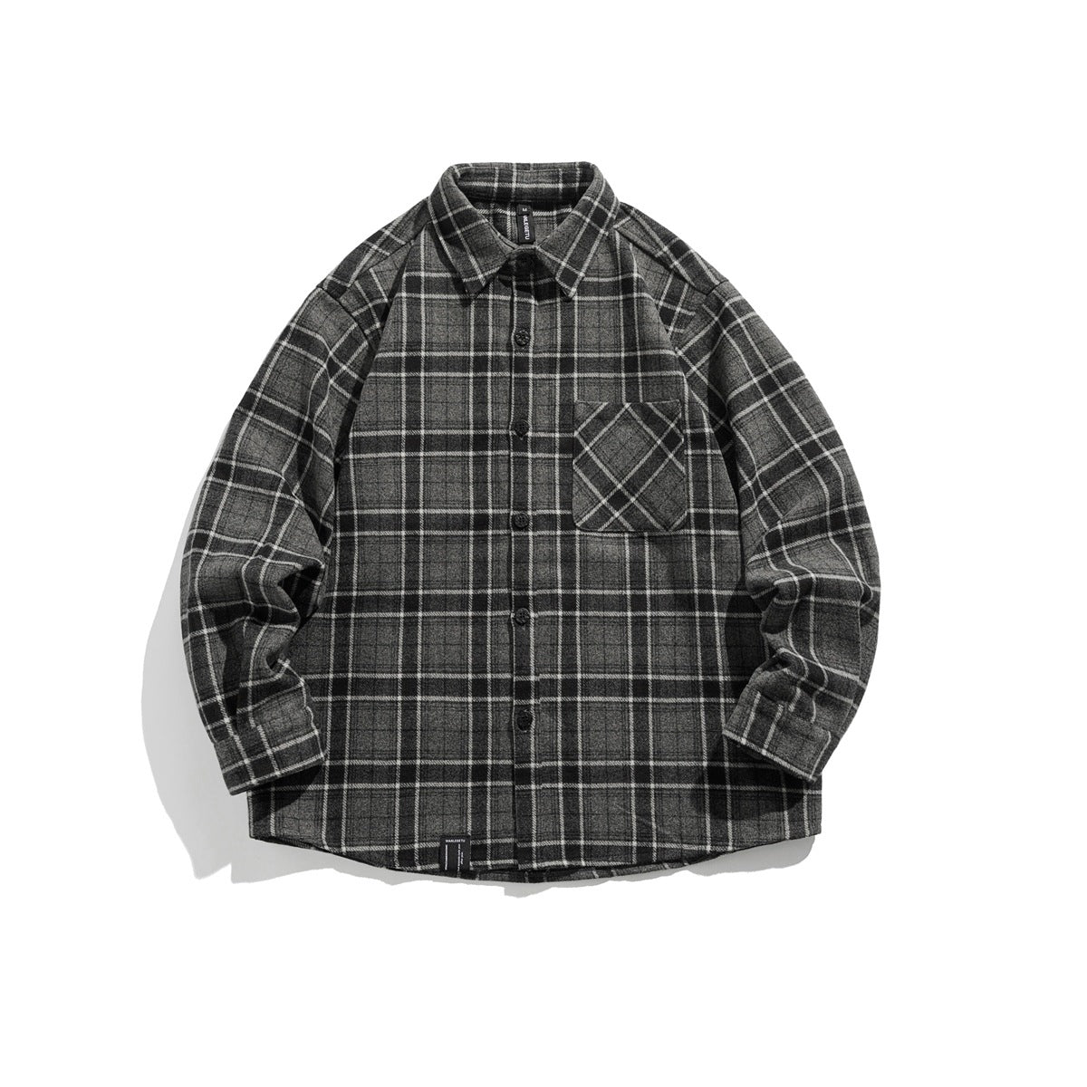 Gray, black and white plaid long-sleeve button-up shirt with chest pocket, flat lay front view