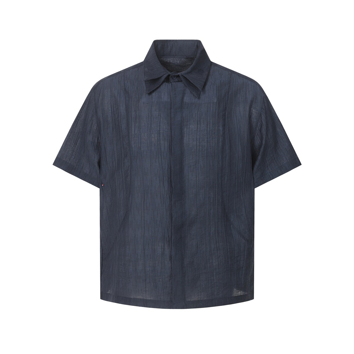 Navy short-sleeve button-front shirt with pointed collar and crinkled vertical texture, flat front view
