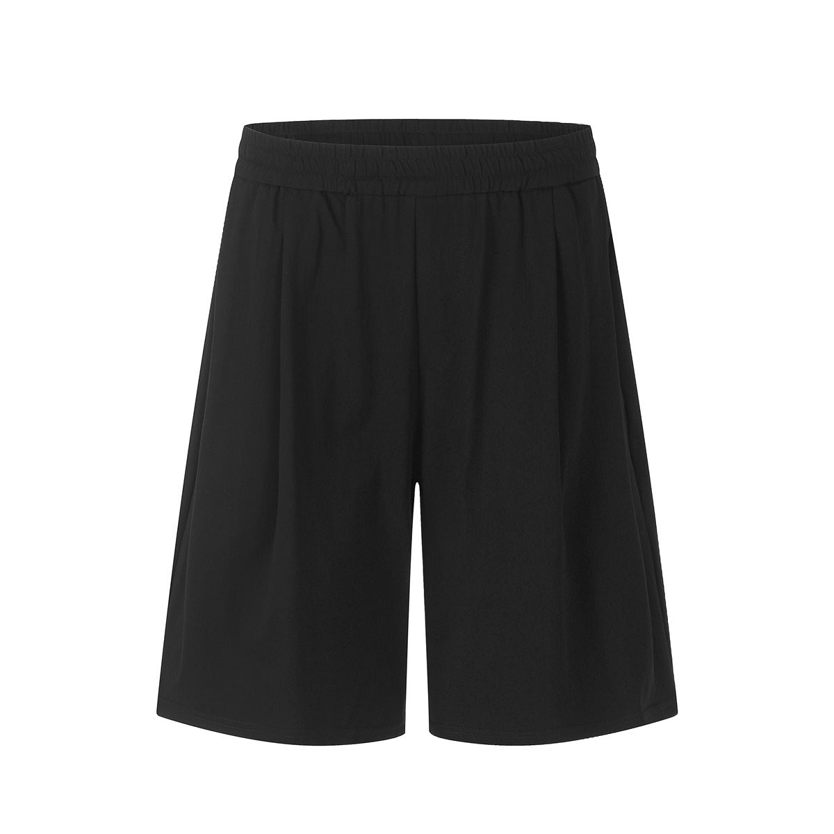 Black pleated knee-length shorts with elastic waistband, flat front view on white background