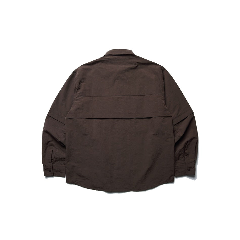 Back view of brown long-sleeve shirt jacket with horizontal back yoke seam and button cuffs, flat lay on white