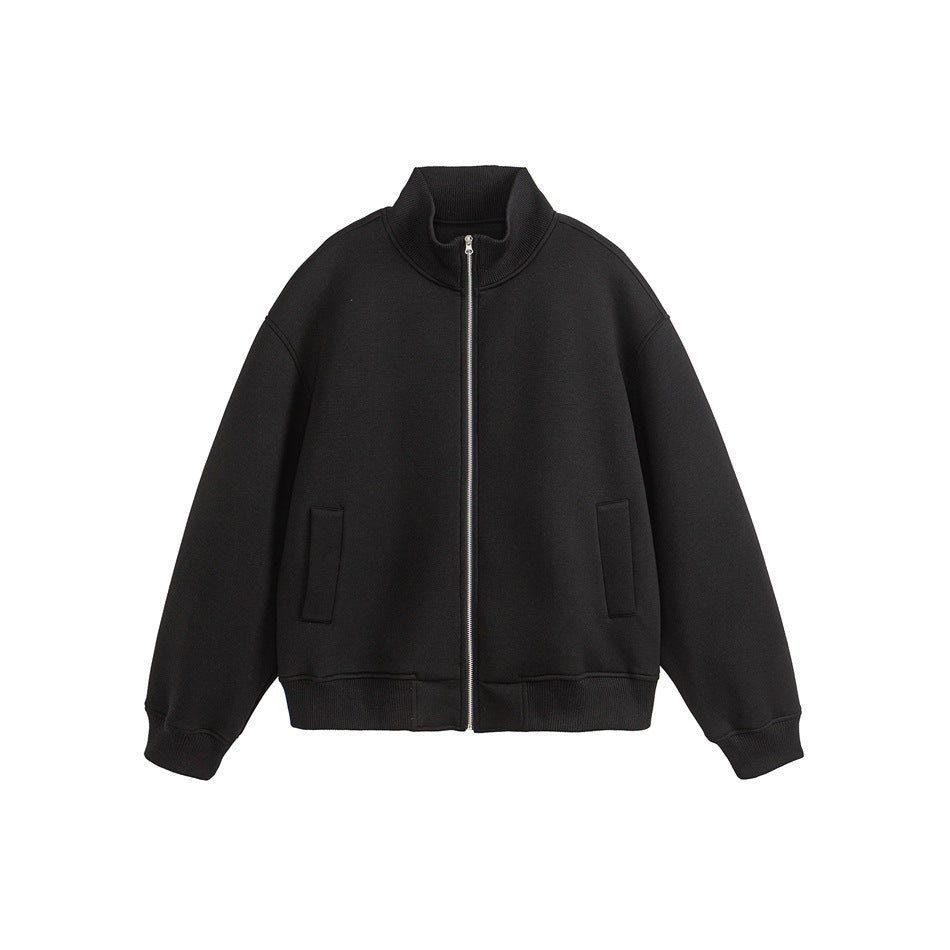Black stand-collar zip jacket with silver zipper, ribbed cuffs and hem, and front pockets, front view