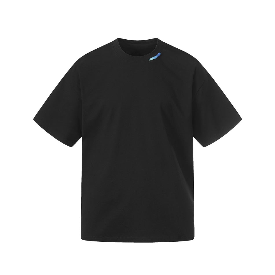 Black short-sleeve crew-neck t-shirt flat front view with small blue embroidery at the collar