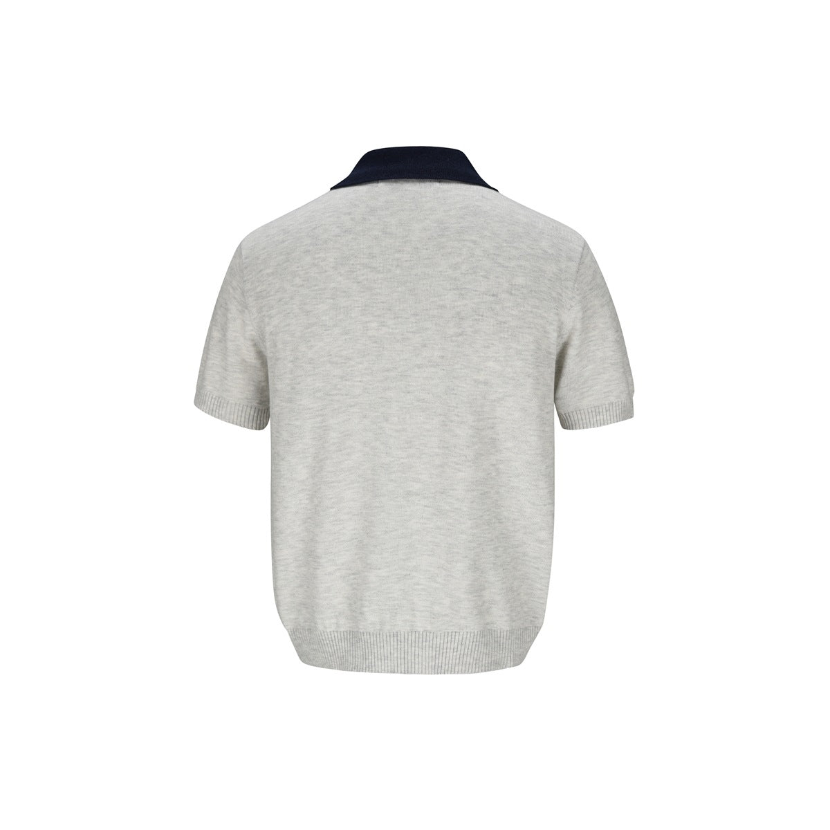 Back view of a light gray short-sleeve knit polo with a navy collar and ribbed hems.