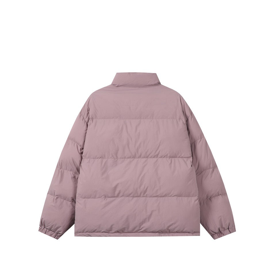 Back view of a dusty mauve padded jacket with horizontal quilting and a high collar.