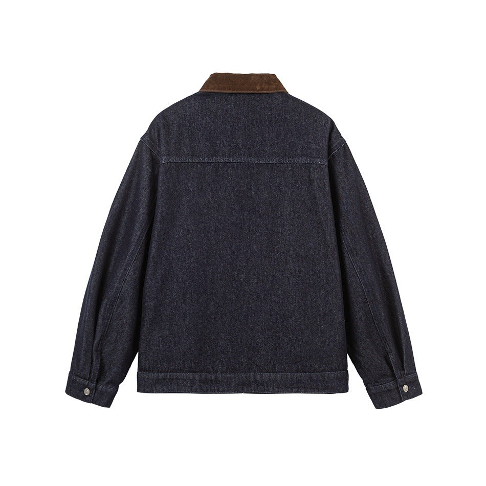 Back view of a dark indigo jacket with a brown collar and buttoned cuffs, displayed flat.