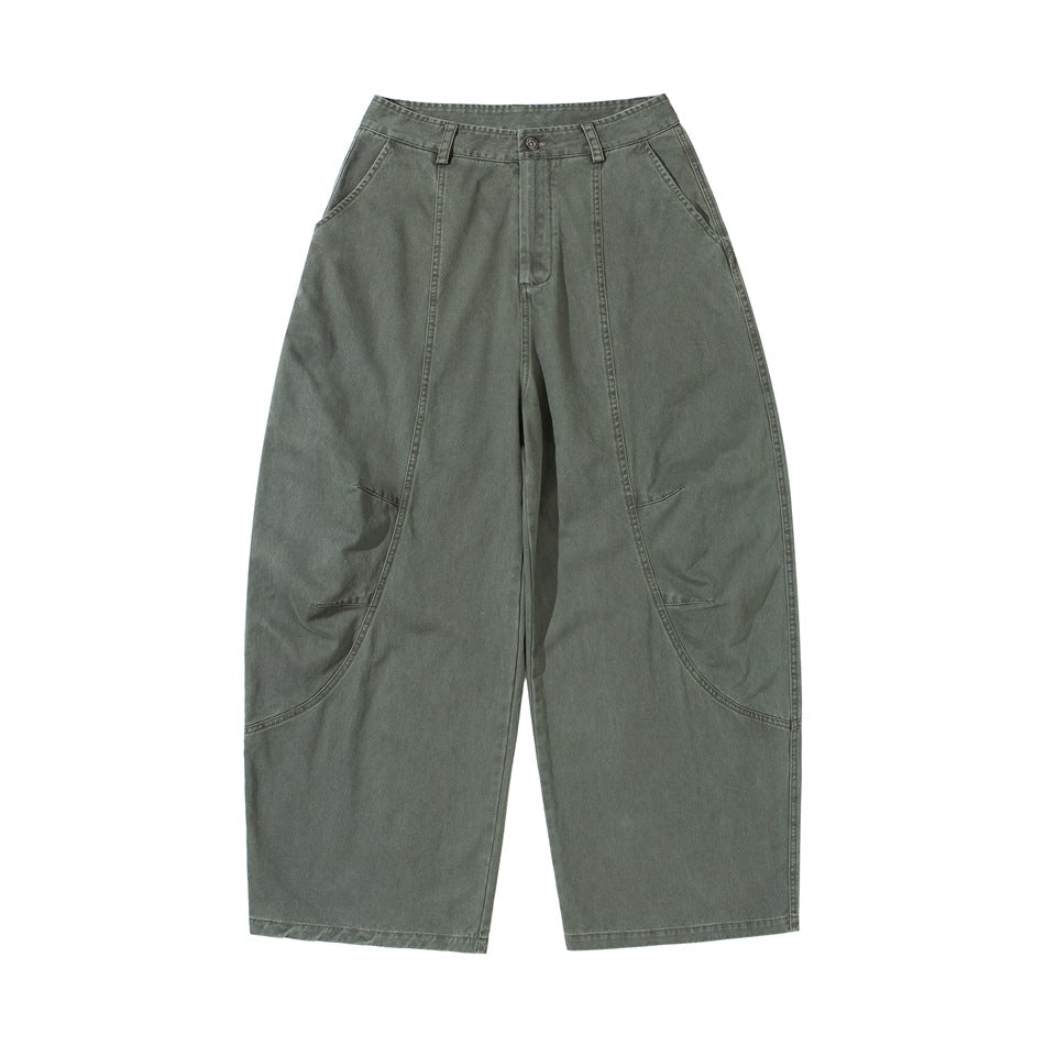 Army green wide-leg barrel pants, flat-lay front view with button waist, side pockets and curved leg seams