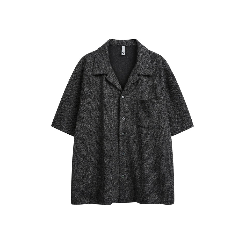 Dark heather gray short-sleeve button-up shirt with camp collar and chest pocket, flat front view