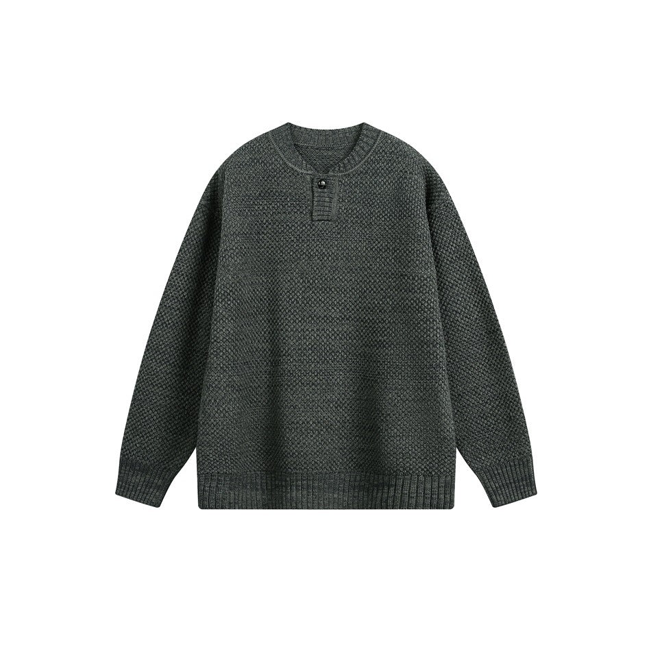 Dark gray textured knit sweater with single-button neckline and ribbed trim, front flat view