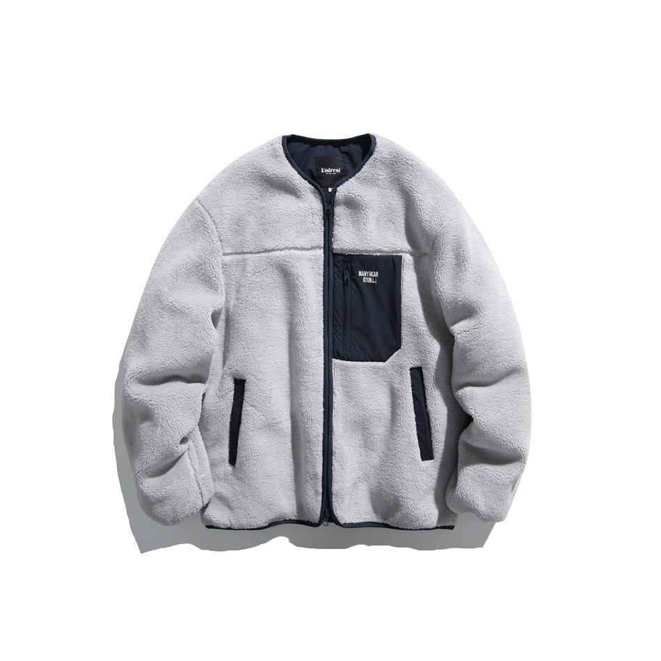 Light gray fleece-like zip jacket with navy chest pocket, slanted side pockets and navy piping, front view