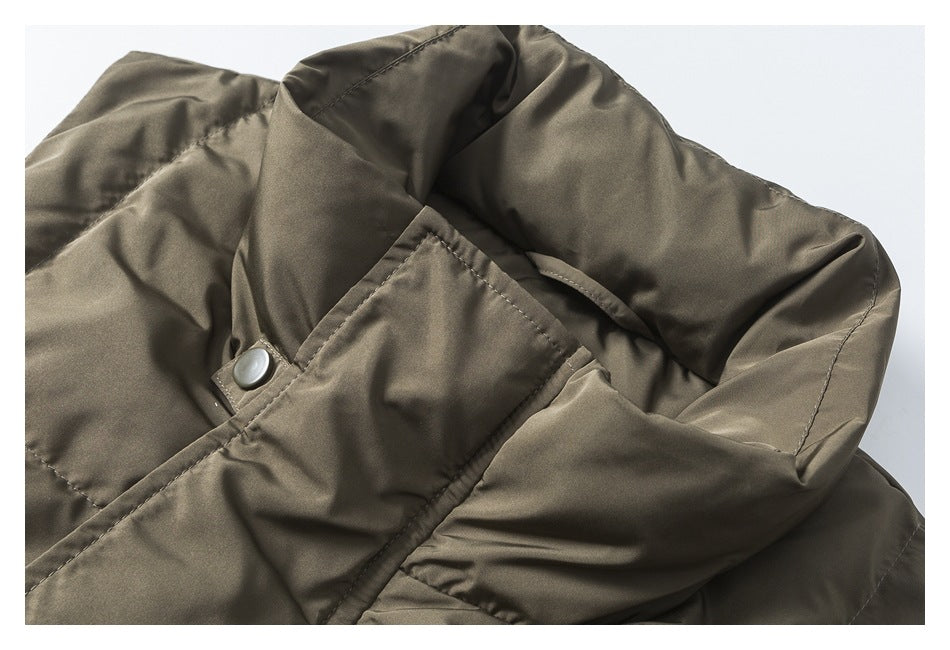 Close-up of the olive-khaki vest's padded collar and snap-fastened front placket.