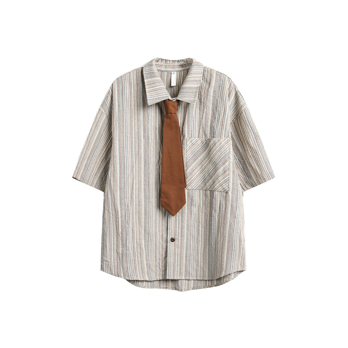 Beige and brown striped short-sleeve shirt with chest pocket and rust-brown tie, flat lay