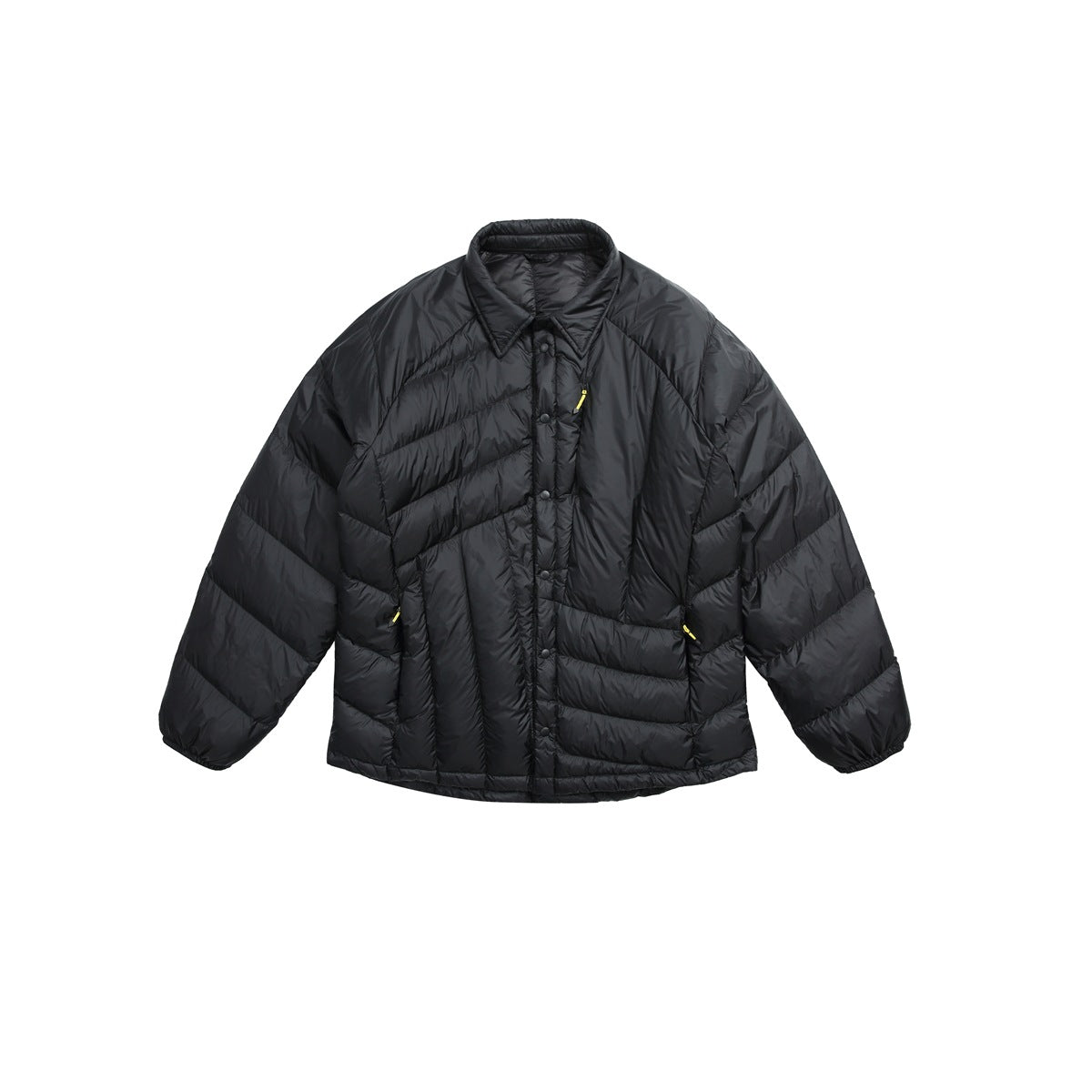 Black quilted puffer jacket with collar, snap front and yellow zipper pulls, flat front view