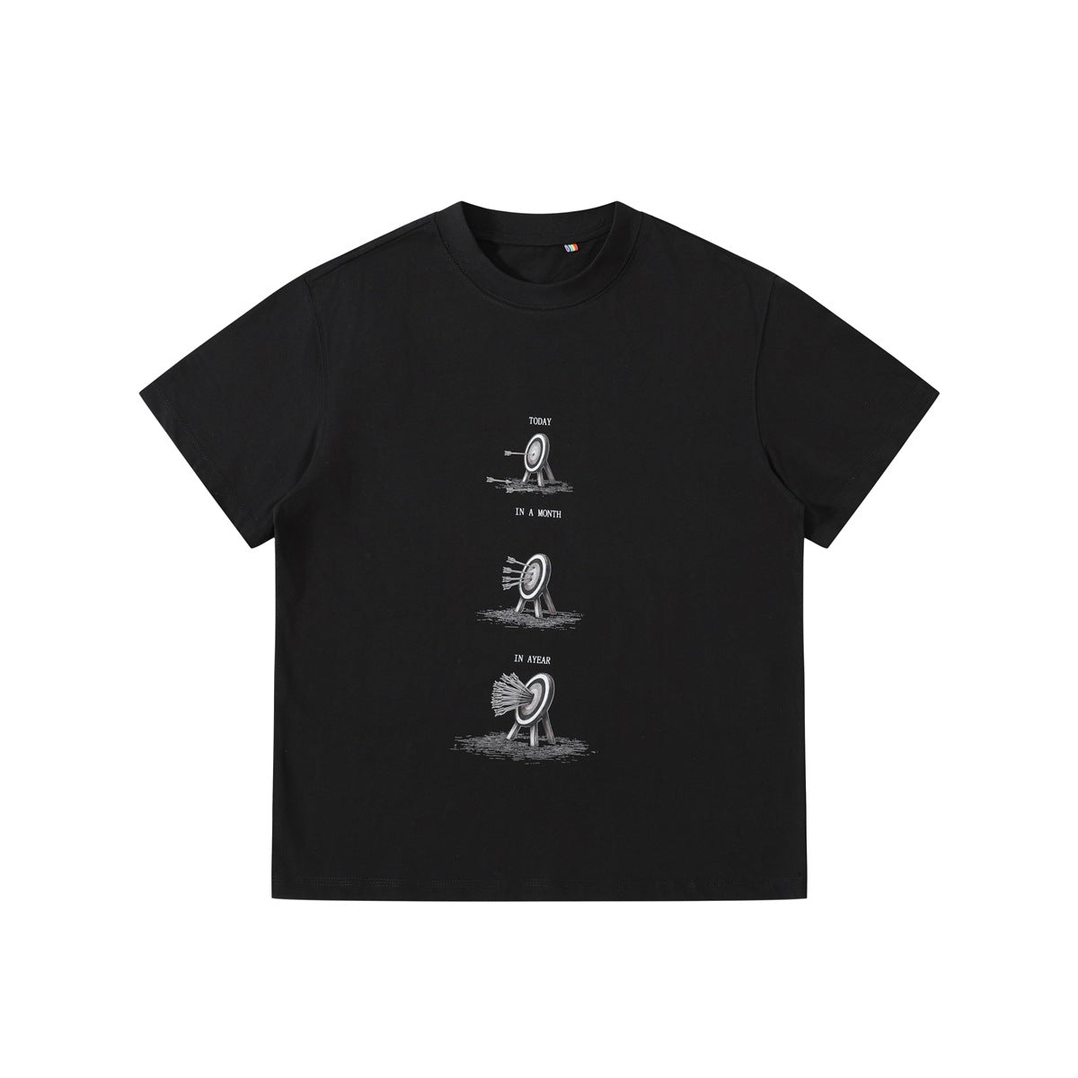 Black short-sleeve crew-neck T-shirt with a three-stage archery target and arrows graphic on the chest