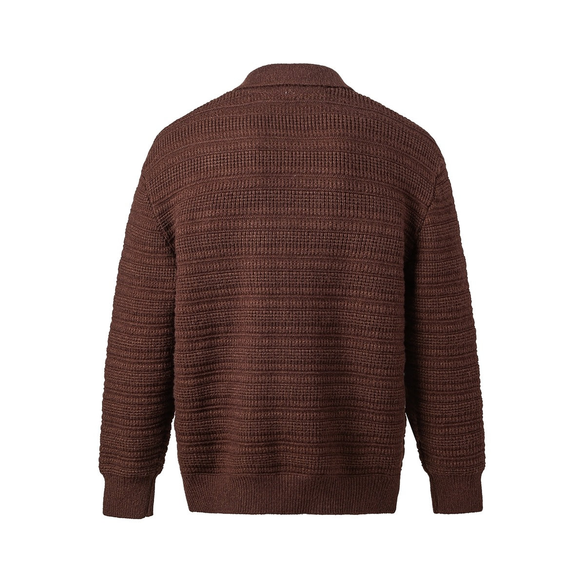 Back view of a dark brown knit cardigan with textured horizontal bands and ribbed cuffs and hem.