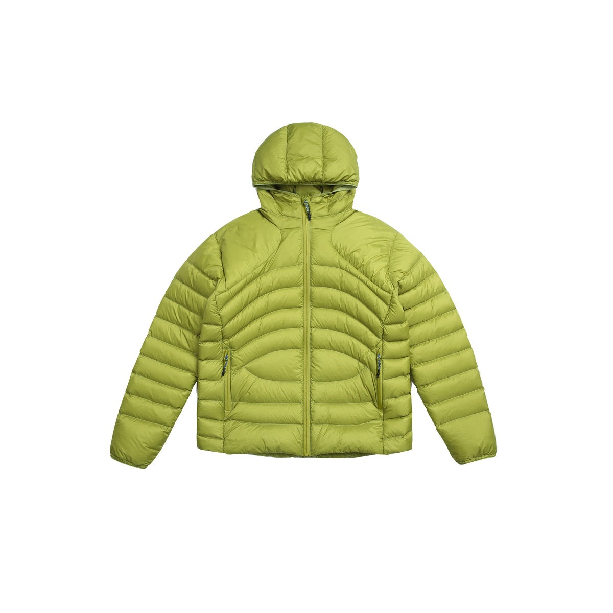 Green hooded quilted puffer jacket with center zipper and zip pockets, flat lay front view