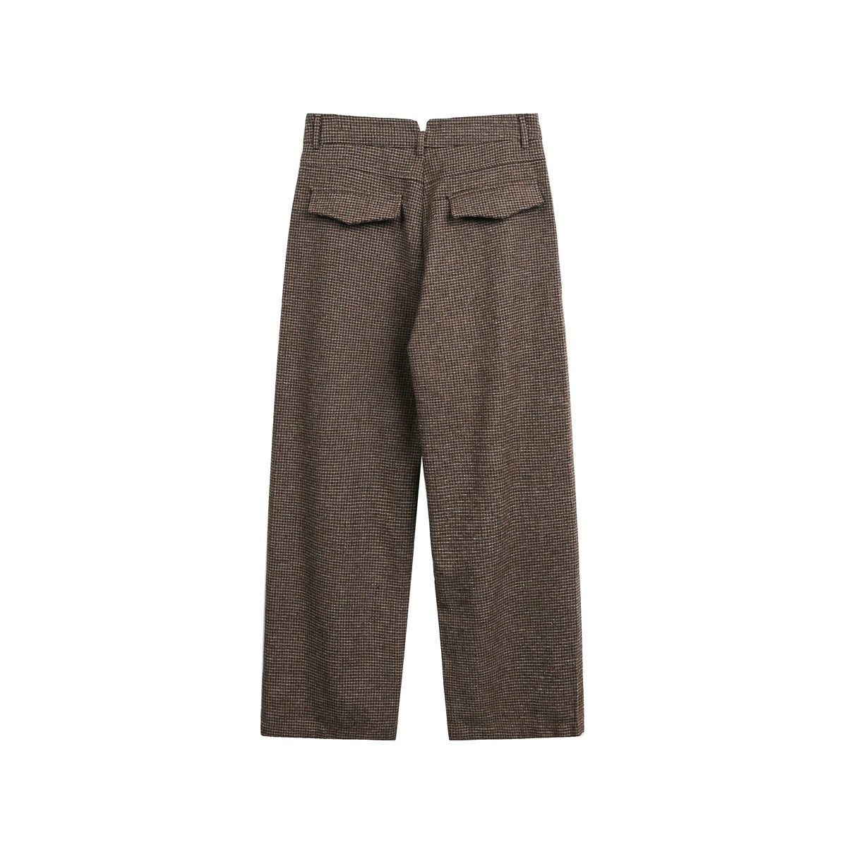 Back view of brown micro-check wide-leg trousers with two flap pockets, flat lay