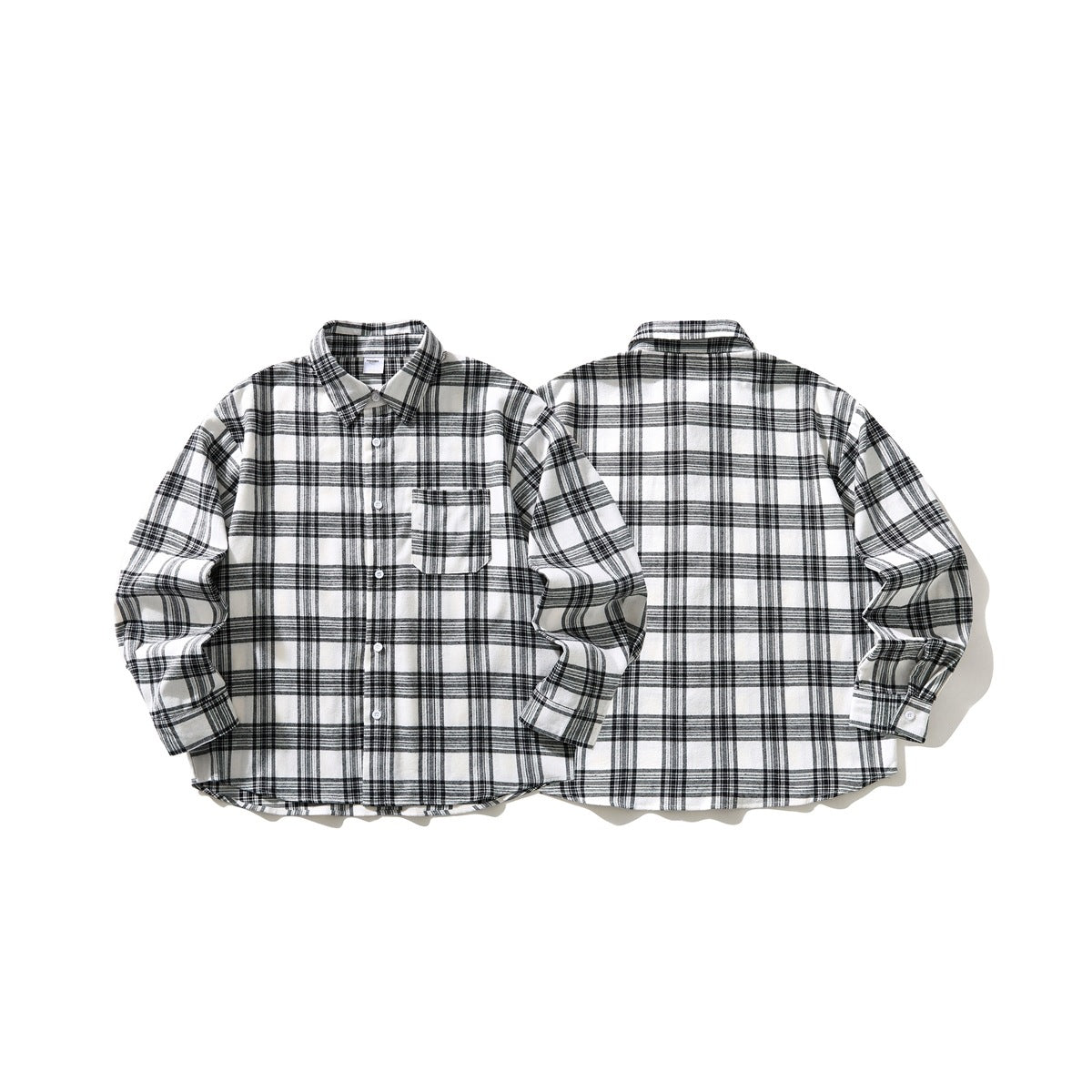 Black-and-white plaid long-sleeve button-up shirt shown from the front and back, with a chest pocket.