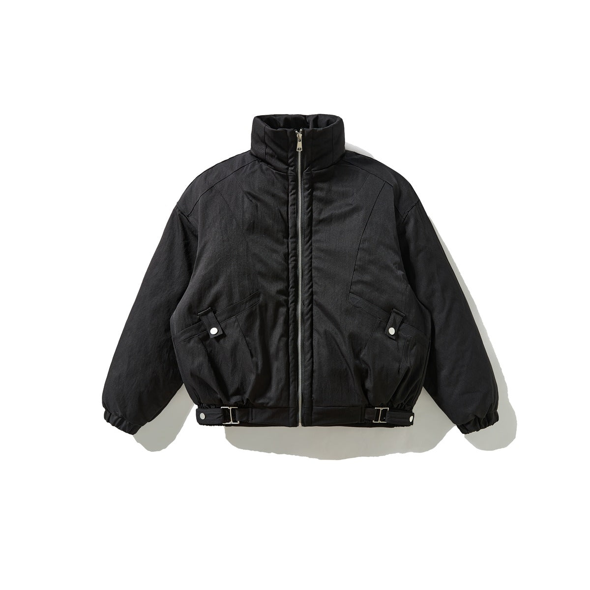 Black stand-collar zip jacket flat lay with snap-tab front pockets, elastic cuffs and buckle hem tabs