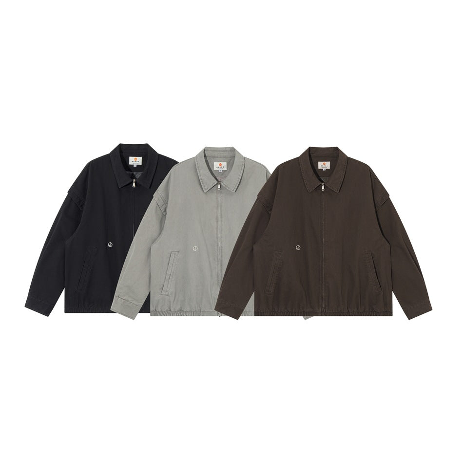 Three zip-front collared jackets shown from the front in black, gray, and dark brown.