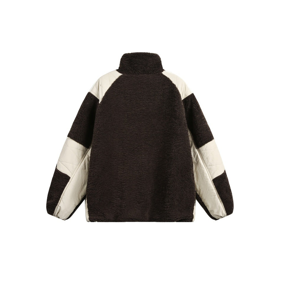 Back view of dark brown fleece-like jacket with cream quilted-look shoulder and sleeve panels