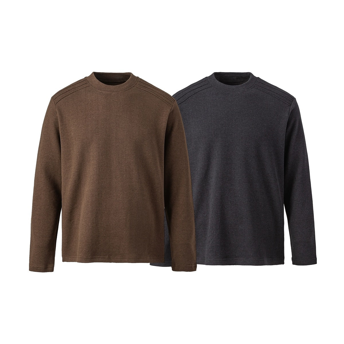 Two long-sleeve crewneck shirts shown from the front in brown and charcoal, with stitched shoulder detailing.