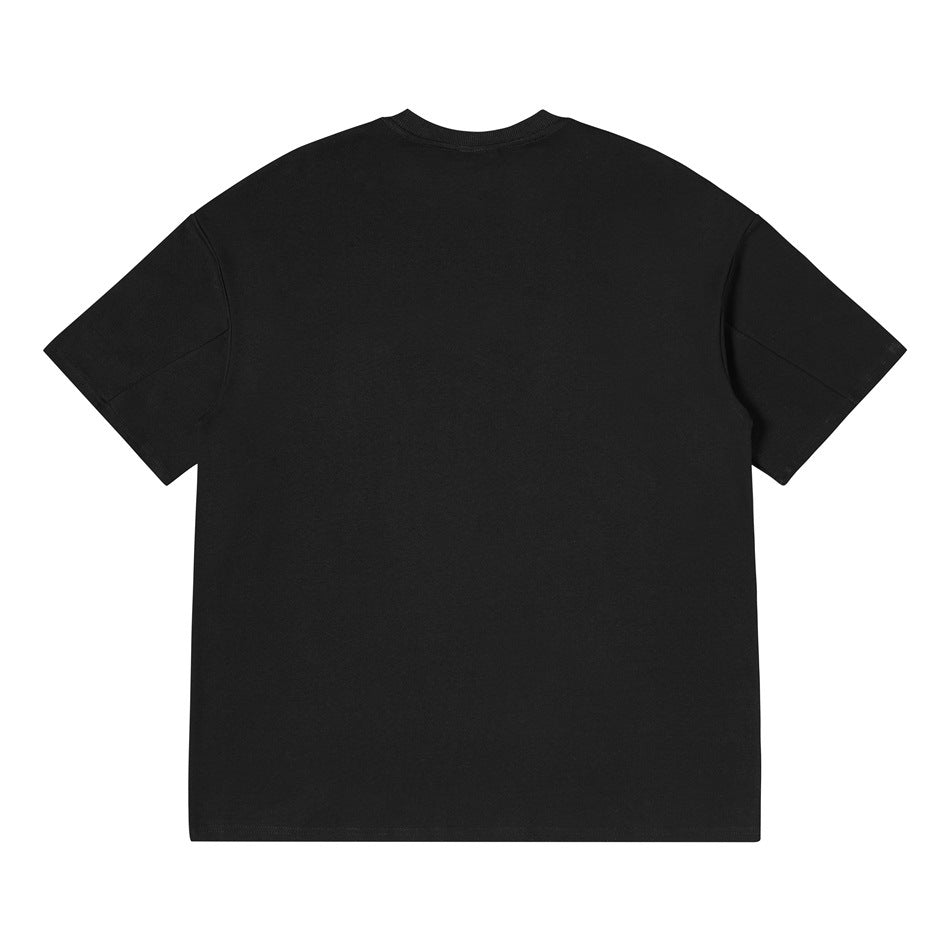 Back view of a plain black short-sleeve crew-neck T-shirt laid flat.