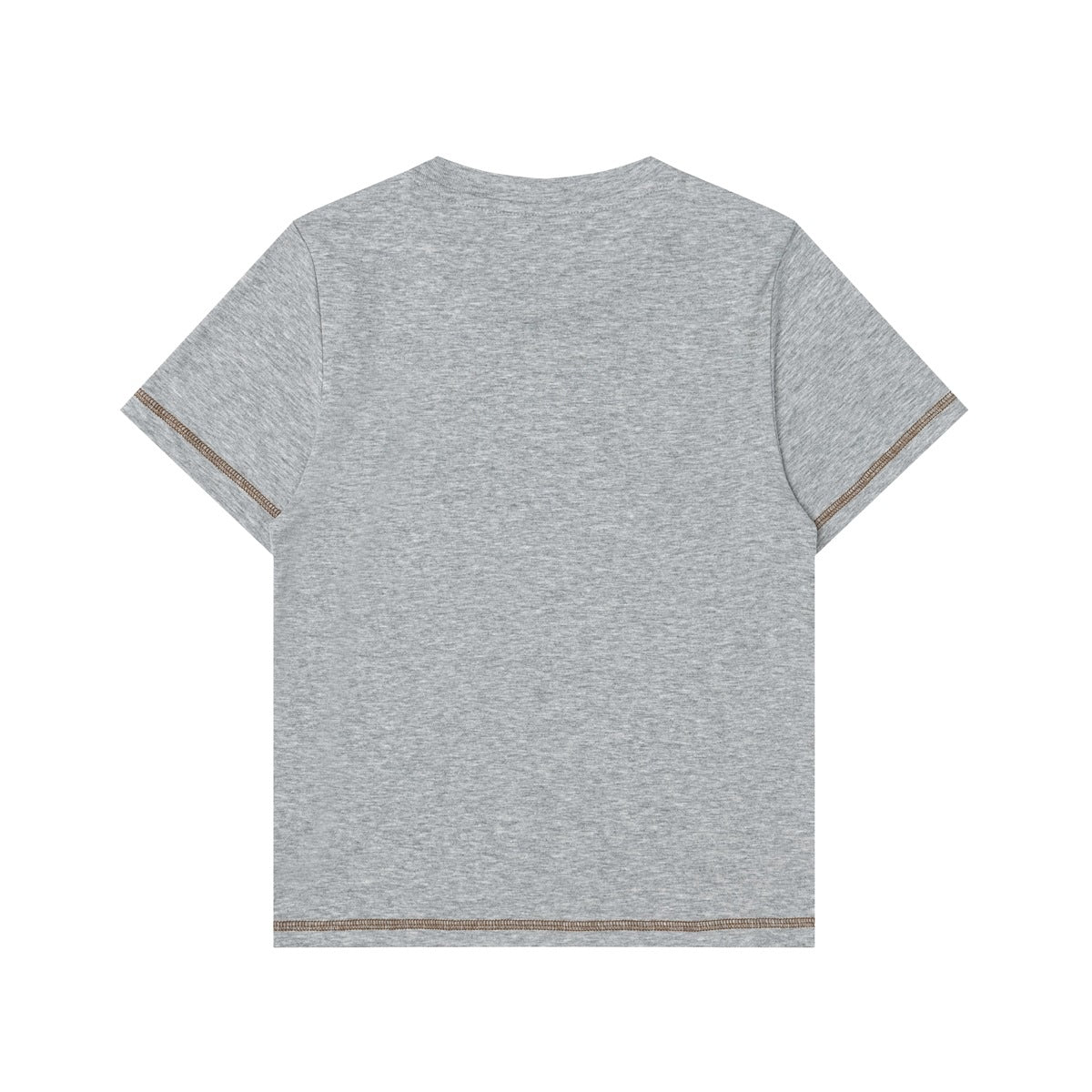 Back view of a heather-gray short-sleeve crew-neck T-shirt with brown contrast stitching at the sleeves and hem.