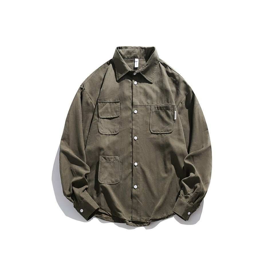 Army green long-sleeve button-up shirt with three patch pockets, flat lay front view