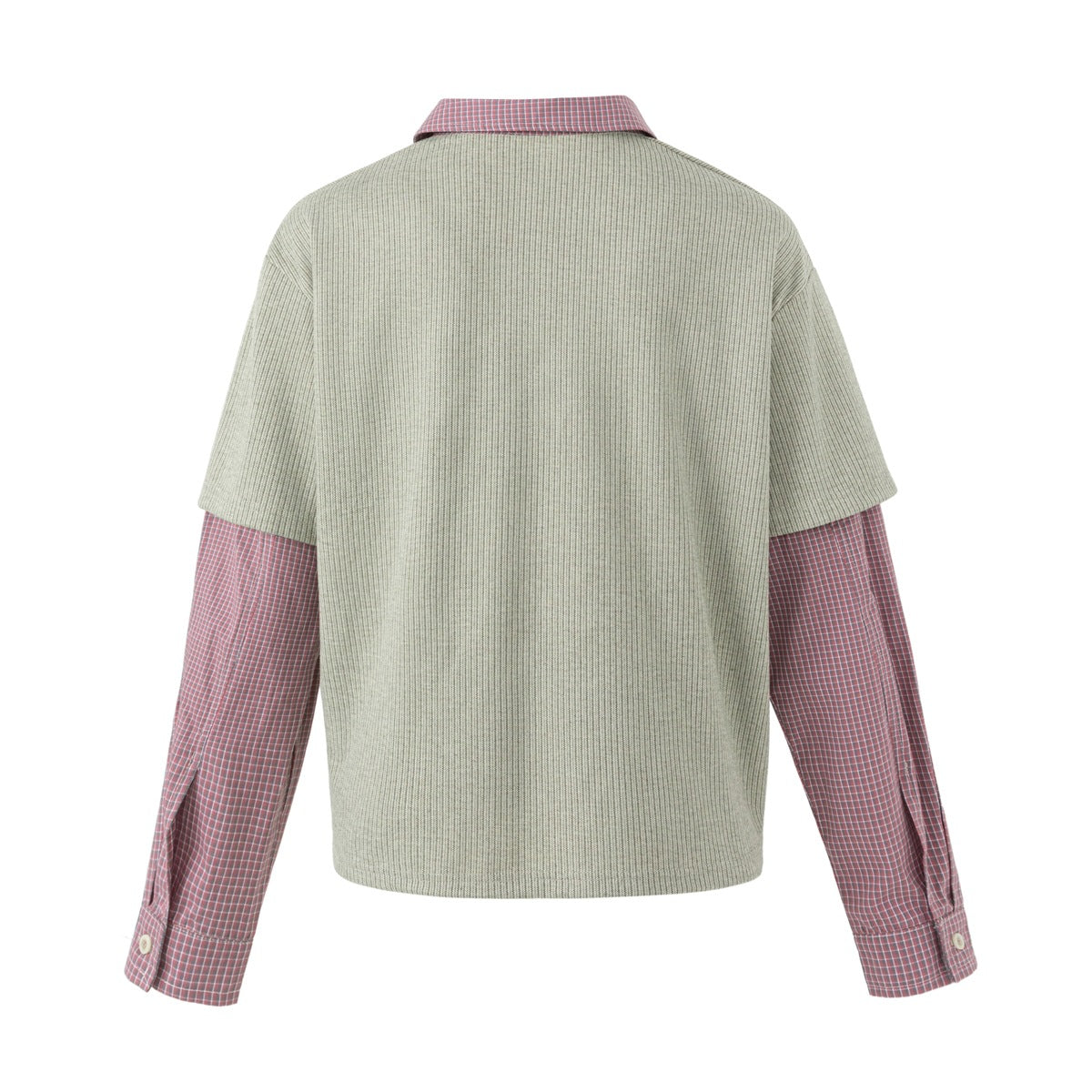Back view of a pale sage short-sleeve top layered over pink checked long sleeves, on a white background.