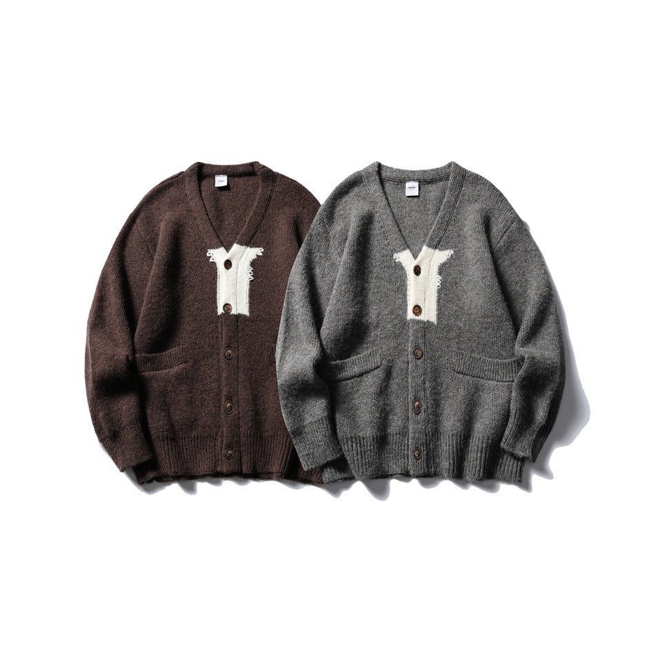 Two button-front knit cardigans shown from the front: one dark brown and one gray, both with cream plackets.
