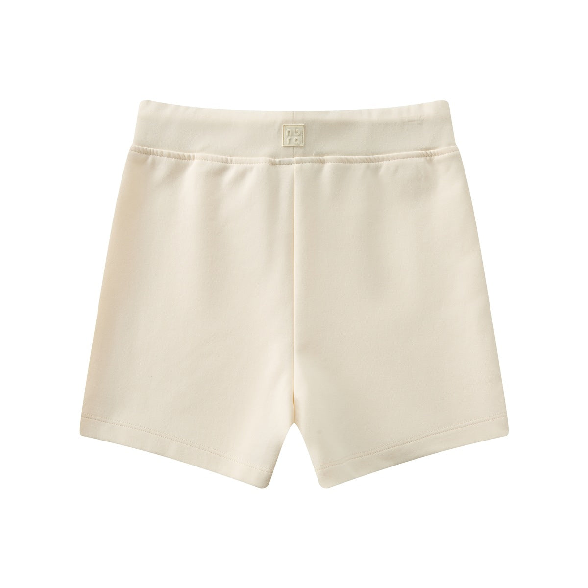 Back view of cream shorts with a wide waistband, center seam, and small square emblem.