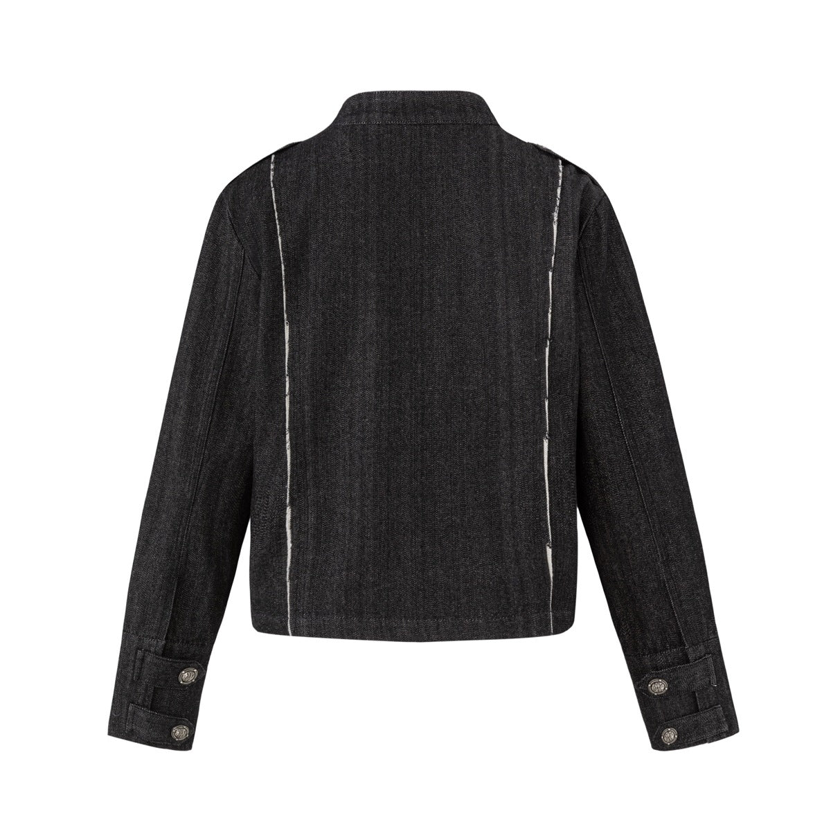 Back view of a charcoal jacket with a stand collar, contrast seams and buttoned cuffs on a white background.