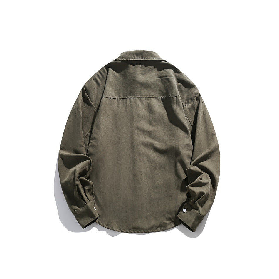 Back view of army green long-sleeve shirt showing back yoke seam and buttoned cuffs
