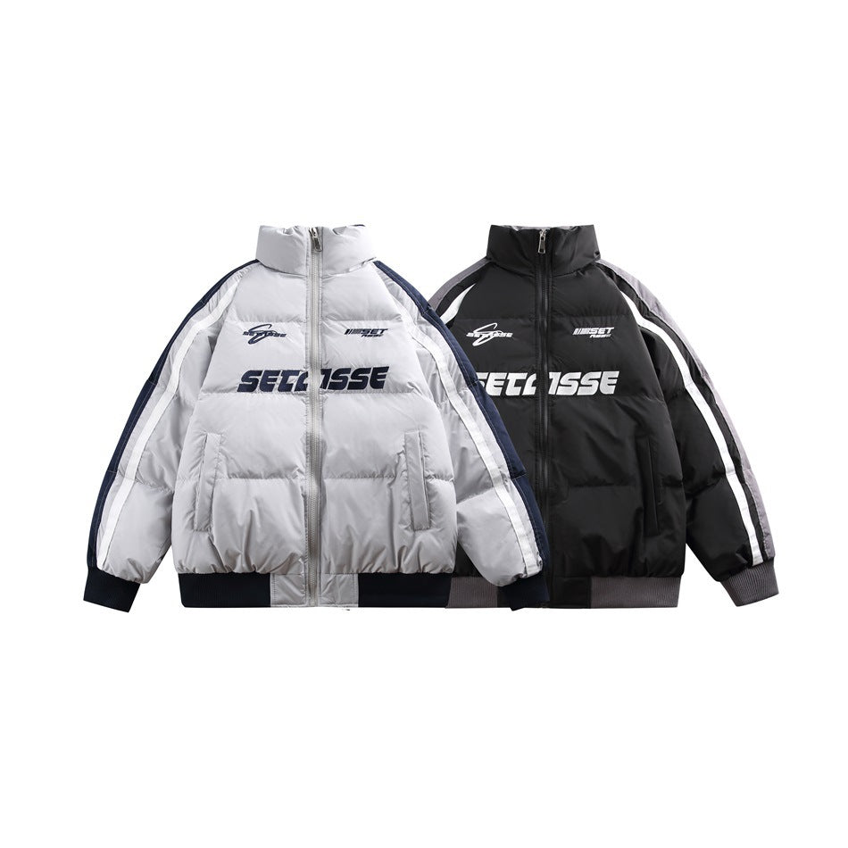Front views of light gray and black padded zip jackets arranged together on a white background.