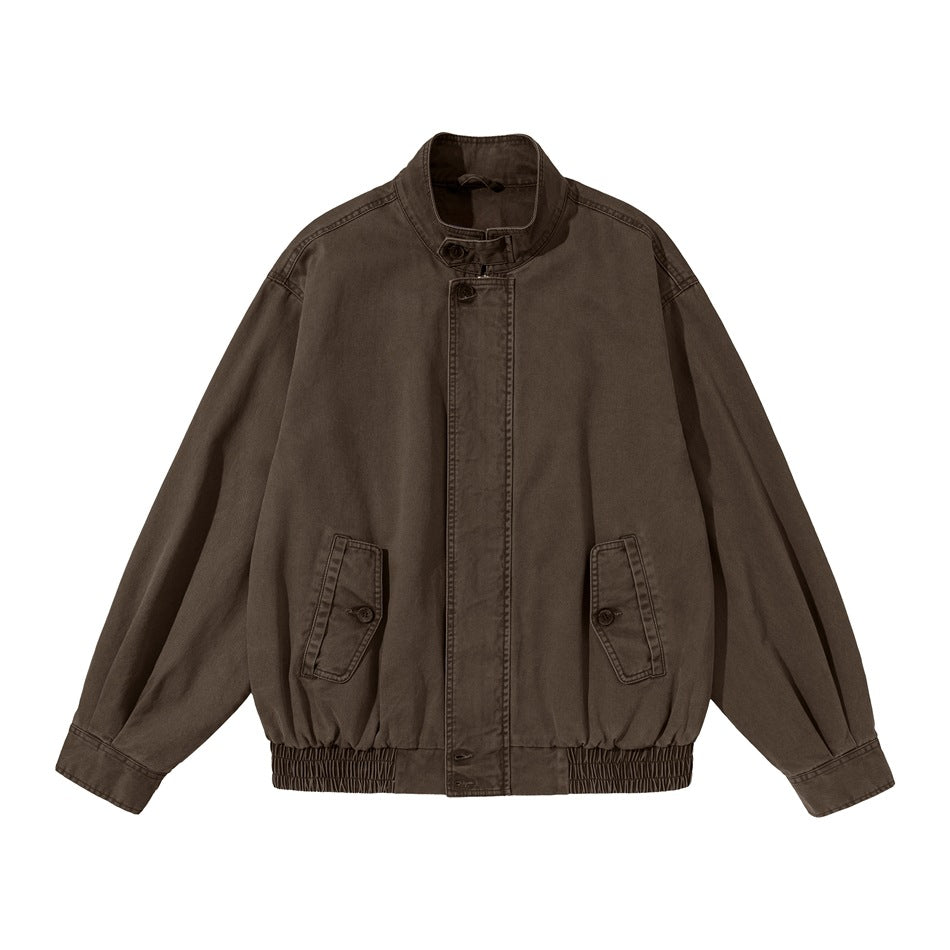 Brown washed Harrington-style jacket flat lay with stand collar, button placket, flap pockets and elastic hem